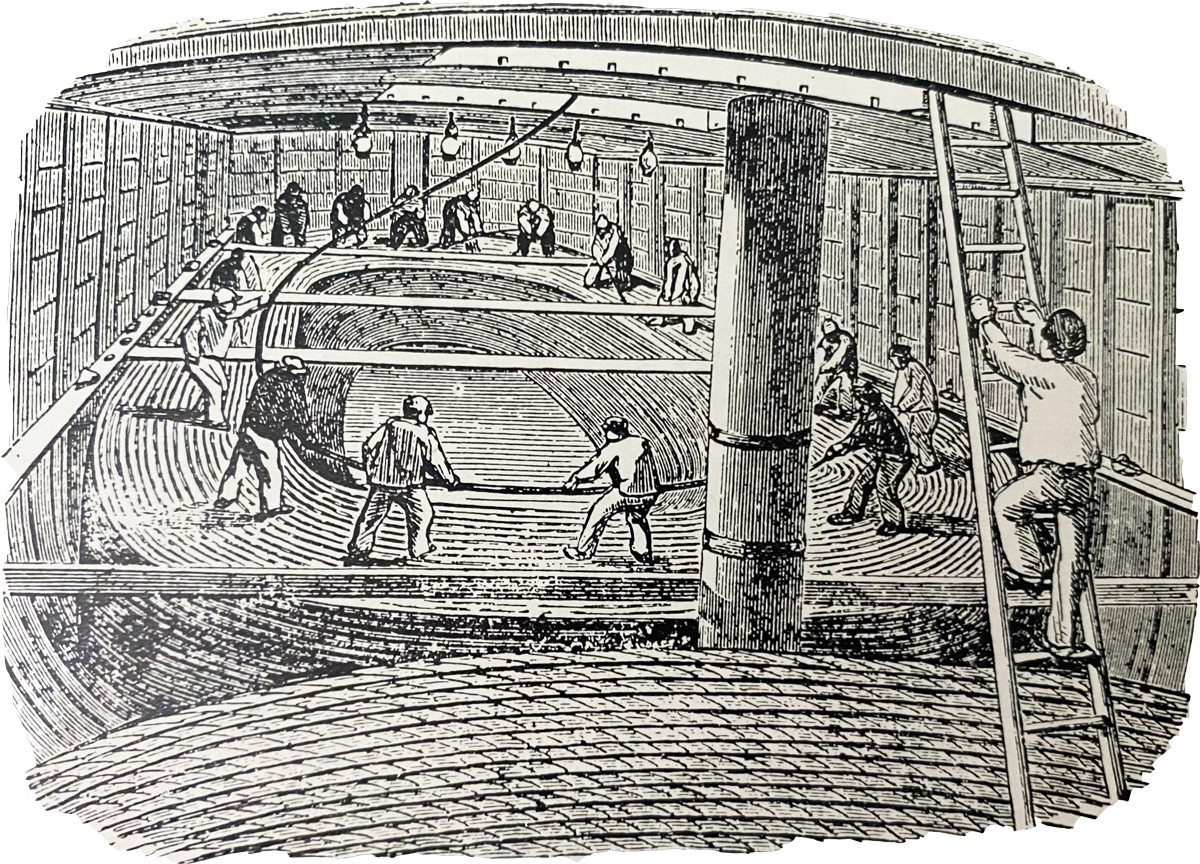 Laying out an undersea cable from the hold of a ship in 1853.